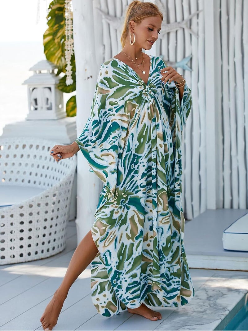 IMAGEKOPE Women's Plus Size Animal Print V-Neck Batwing Kaftan Beach Dress Bathing Suit Cover-Up Loungewear - Image 4